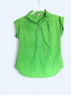 Vintage Shapely Bright Green Cuffed Short Sleeve Popover Blouse Size 8